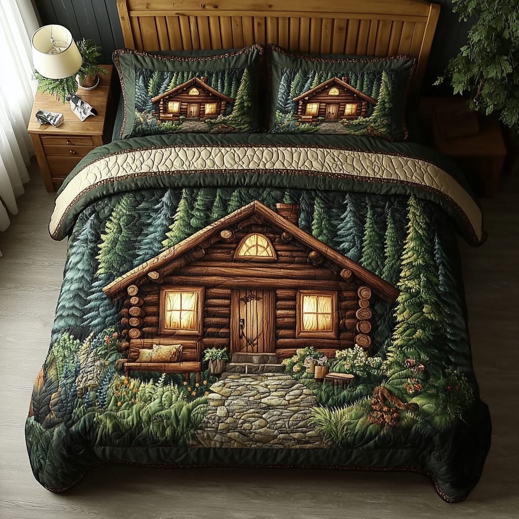 Log Cabin Lodge quilted 3-piece bedding set on a made bed with two matching pillow shams