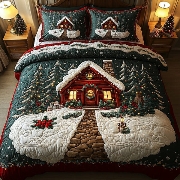 Log Cabin quilted 3-piece bedding set on a made bed with two matching pillow shams
