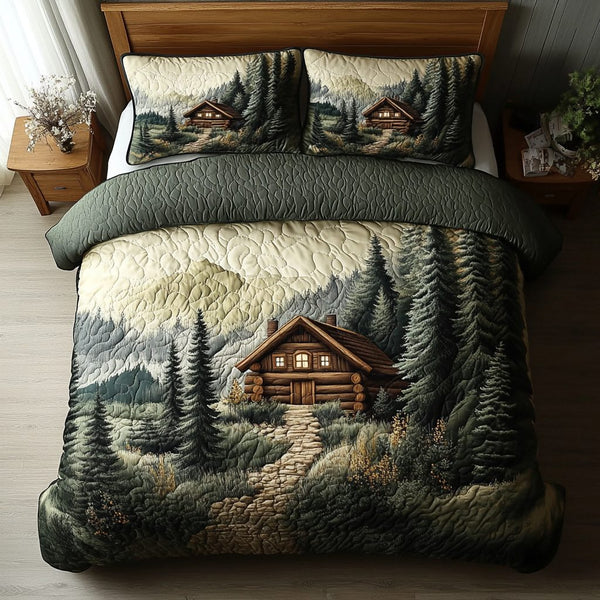 Log Cabin Retreat quilted 3-piece bedding set on a made bed with two matching pillow shams