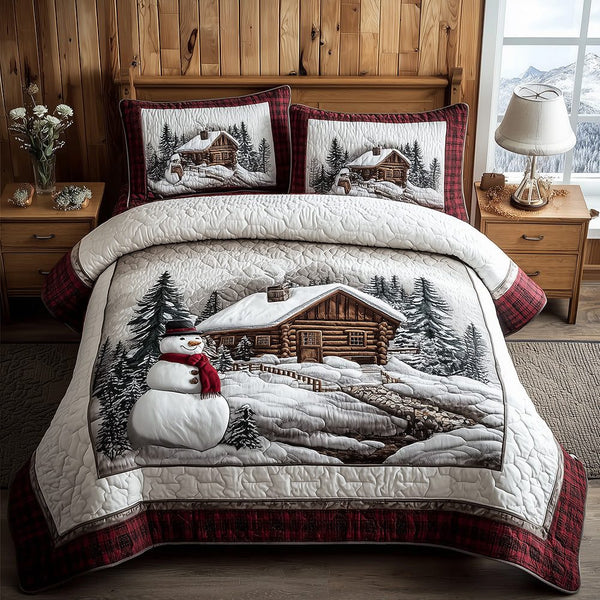 Log Cabin Serenity quilted 3-piece bedding set on a made bed with two matching pillow shams