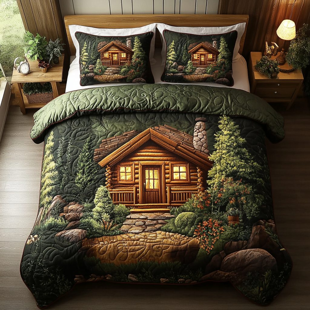 Log Cabin Vibes quilted 3-piece bedding set on a made bed with two matching pillow shams