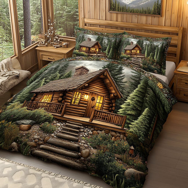 Log Haven quilted 3-piece bedding set on a made bed with two matching pillow shams