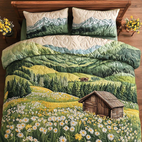 Log Heartbeat quilted 3-piece bedding set on a made bed with two matching pillow shams