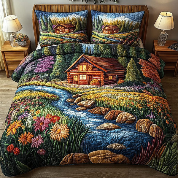 Log Serenity quilted 3-piece bedding set on a made bed with two matching pillow shams