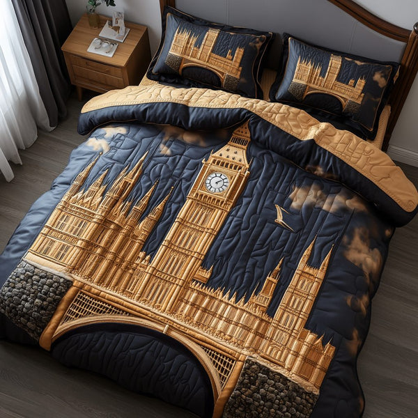 London Bridge quilted 3-piece bedding set on a made bed with two matching pillow shams