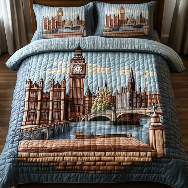 London Charm quilted 3-piece bedding set on a made bed with two matching pillow shams