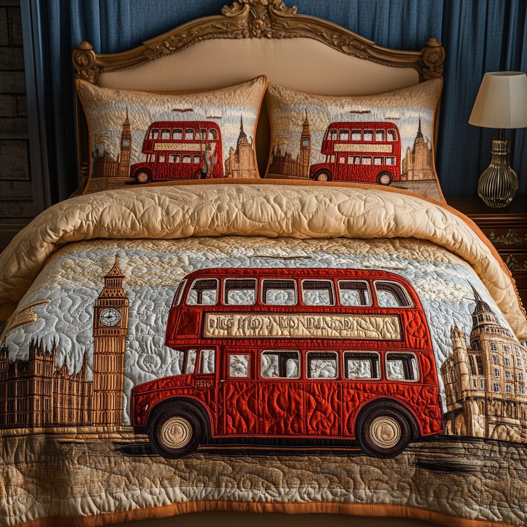 London Charm quilted 3-piece bedding set on a made bed with two matching pillow shams