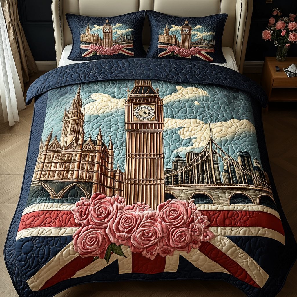 London Roses quilted 3-piece bedding set on a made bed with two matching pillow shams