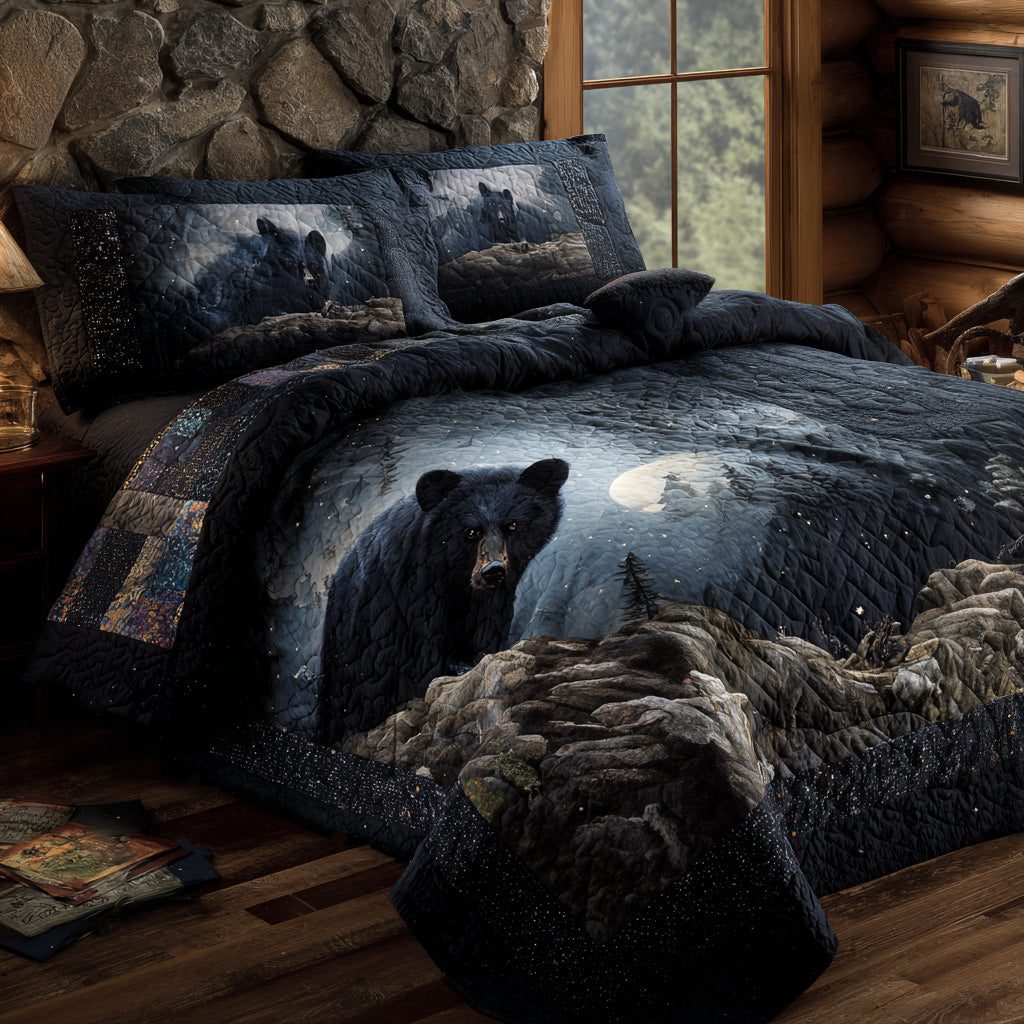 Lone Black Bear quilted 3-piece bedding set on a made bed with two matching pillow shams