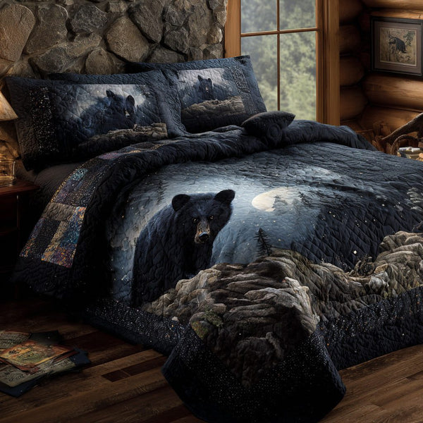 Lone Black Bear quilted 3-piece bedding set on a made bed with two matching pillow shams