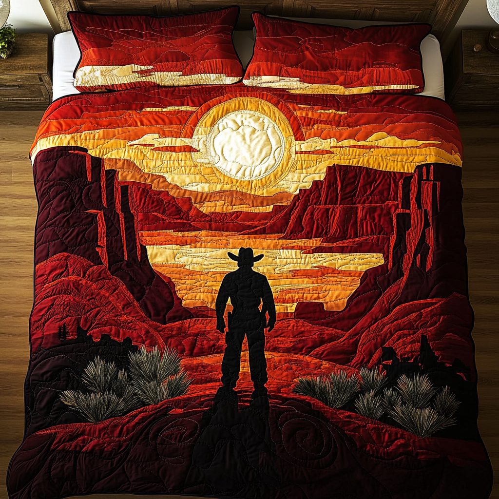 Lone Cowboy quilted 3-piece bedding set on a made bed in a rustic timber bedroom