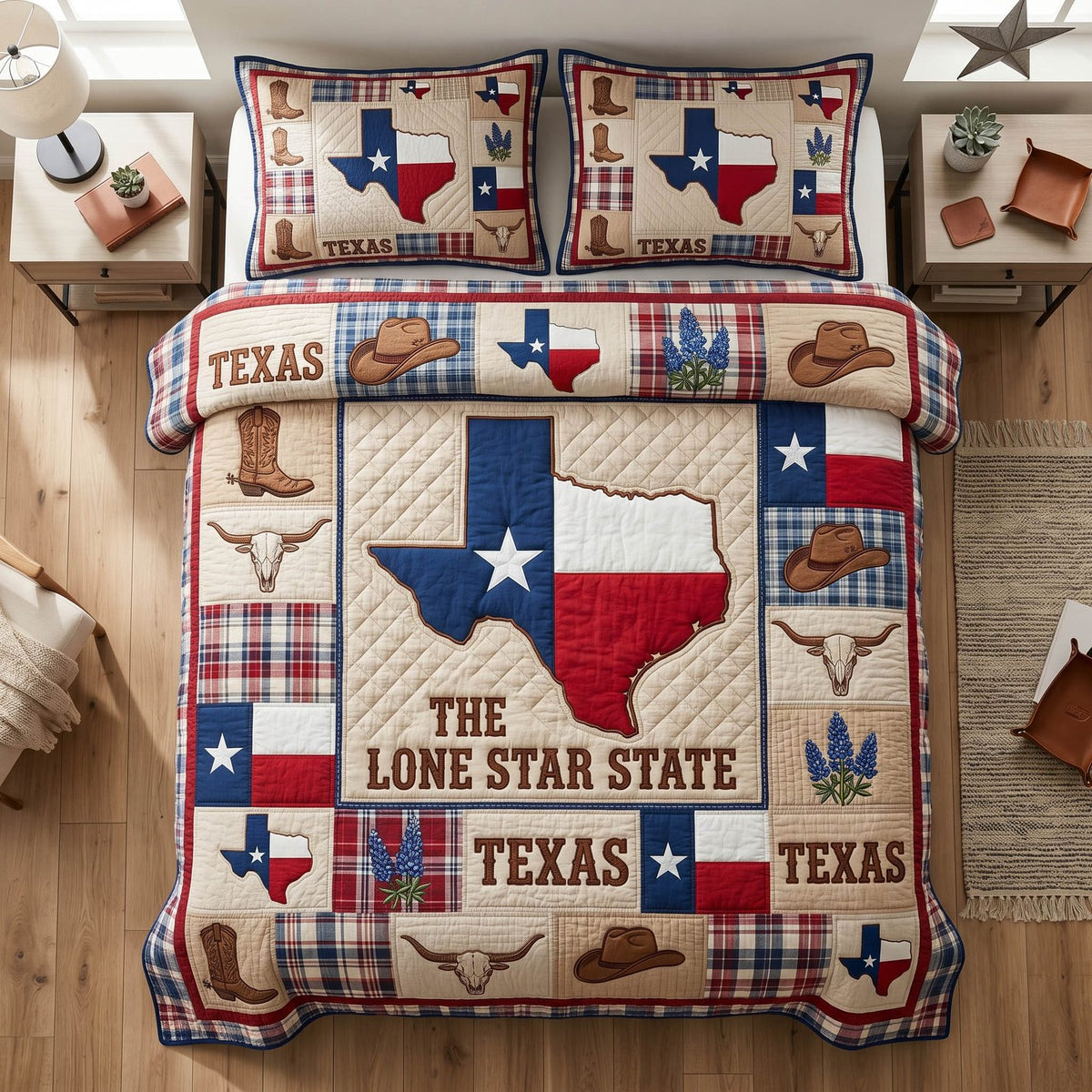 Lone Frontier quilted 3-piece bedding set on a made bed in a rustic timber bedroom