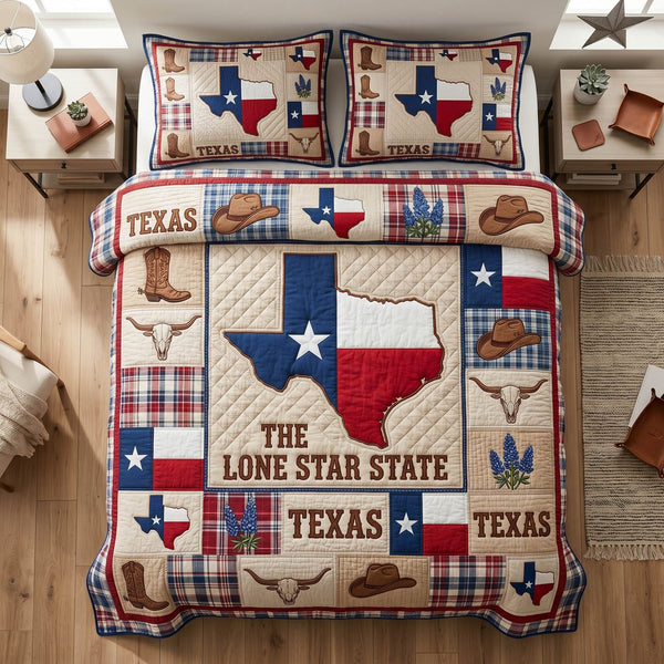 Lone Frontier quilted 3-piece bedding set on a made bed in a rustic timber bedroom
