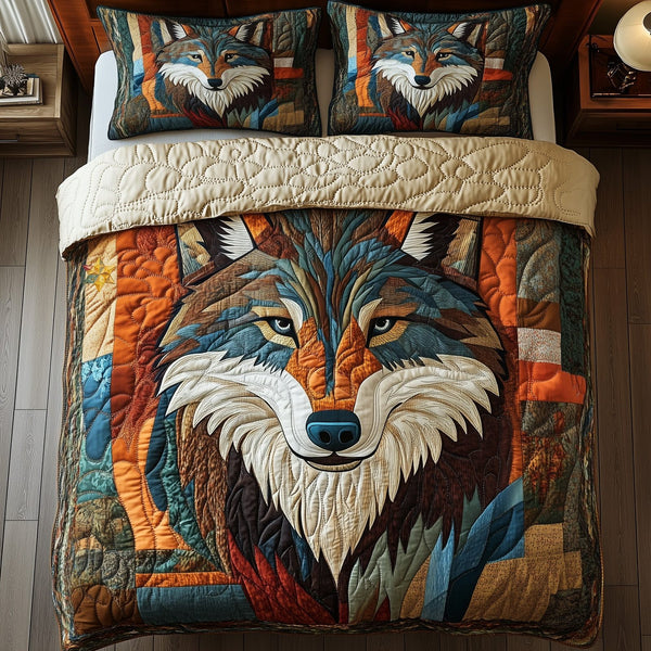 Lone Guardian quilted 3-piece bedding set on a made bed with two matching pillow shams