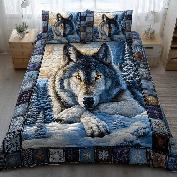 Lone Guardian quilted 3-piece bedding set on a made bed with two matching pillow shams