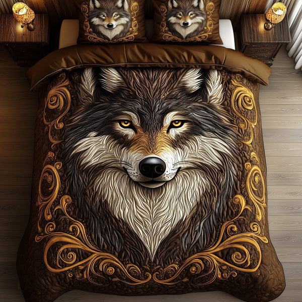 Lone Guardian quilted 3-piece bedding set on a made bed with two matching pillow shams
