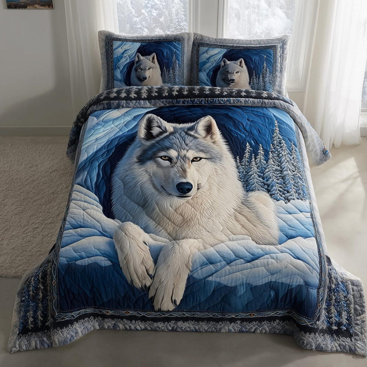 Lone Guardian quilted 3-piece bedding set on a made bed with two matching pillow shams