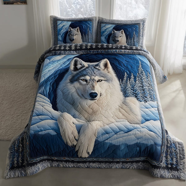 Lone Guardian quilted 3-piece bedding set on a made bed with two matching pillow shams