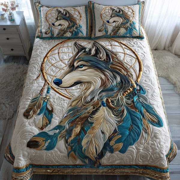 Lone Guardian quilted 3-piece bedding set on a made bed with two matching pillow shams