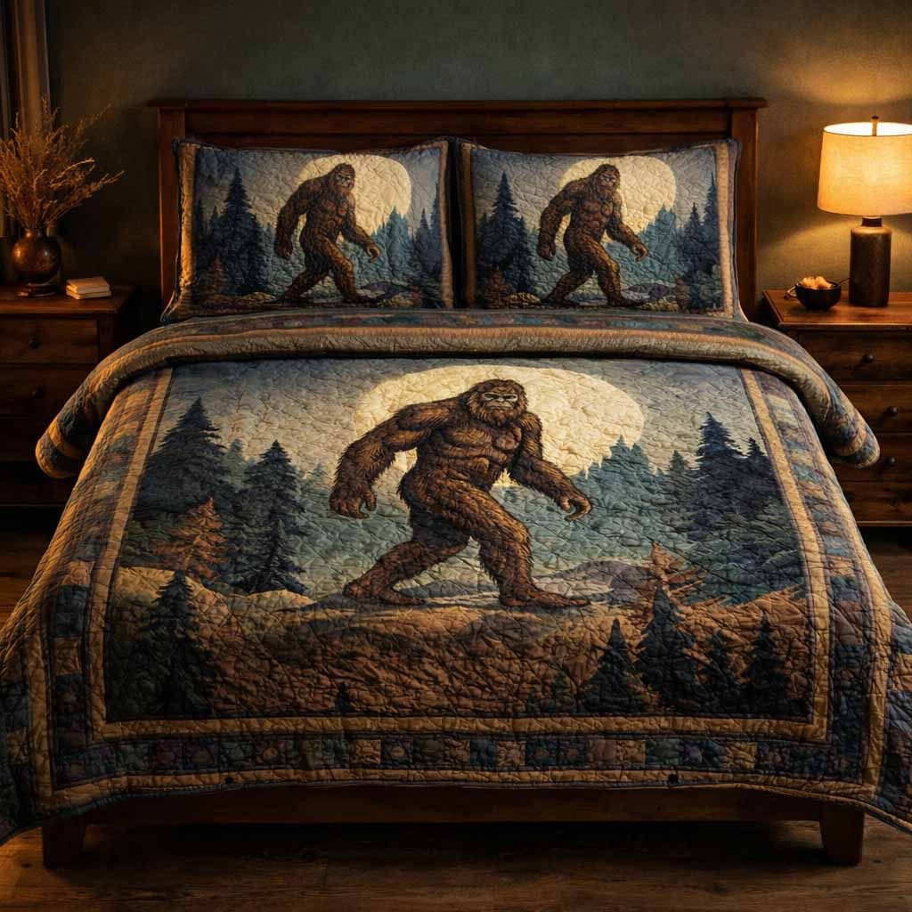 Lone Guardian quilted 3-piece bedding set on a made bed with two matching pillow shams