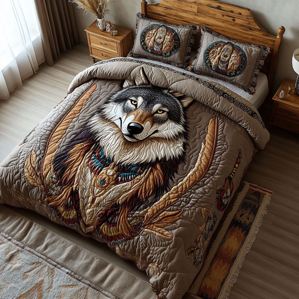 Lone Howl quilted 3-piece bedding set on a made bed with two matching pillow shams