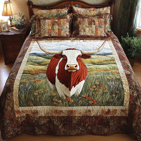 Lone Longhorn Cow quilted 3-piece bedding set on a made bed in a rustic timber bedroom