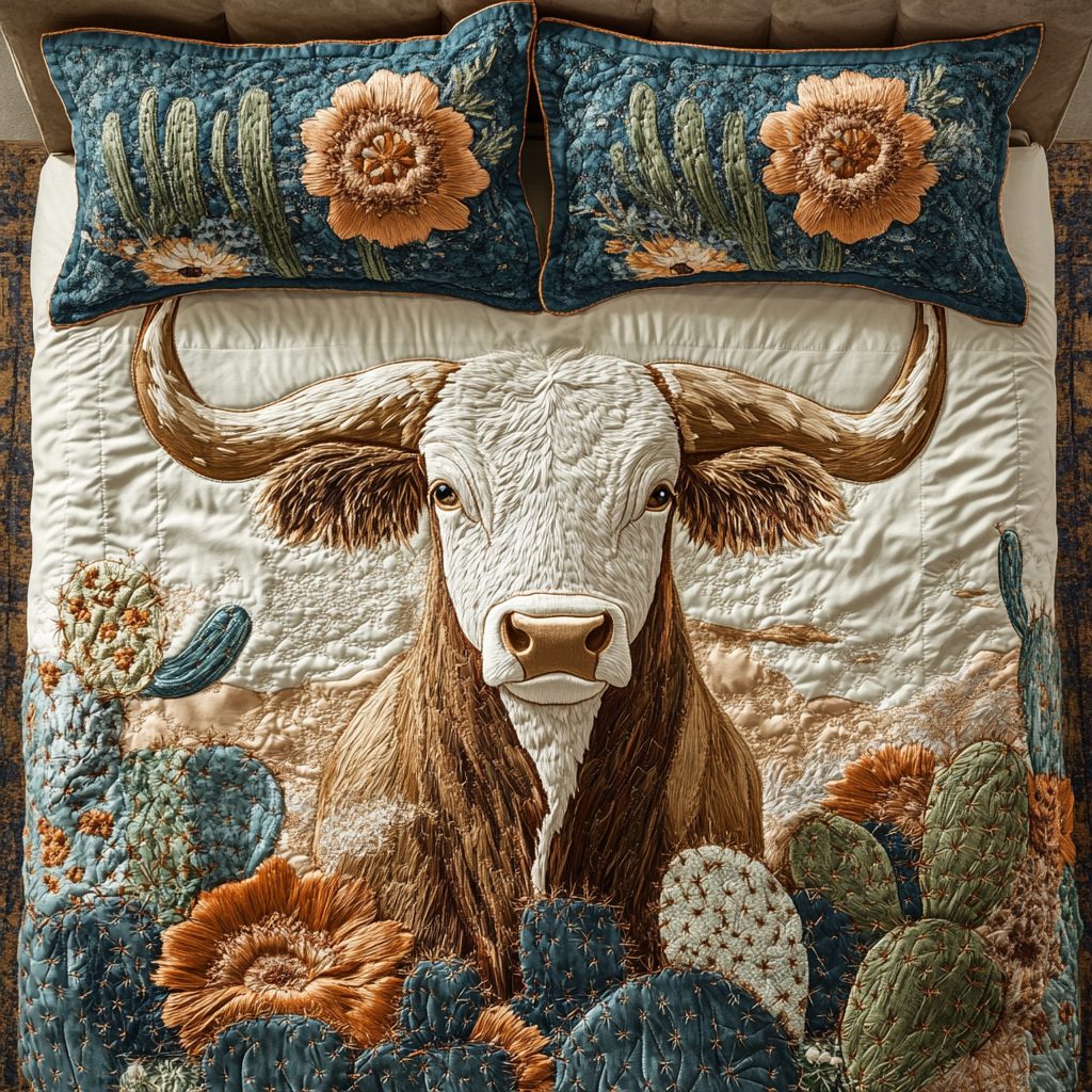 Lone Longhorn quilted 3-piece bedding set on a made bed in a rustic timber bedroom