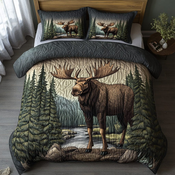 Lone Moose quilted 3-piece bedding set on a made bed with two matching pillow shams