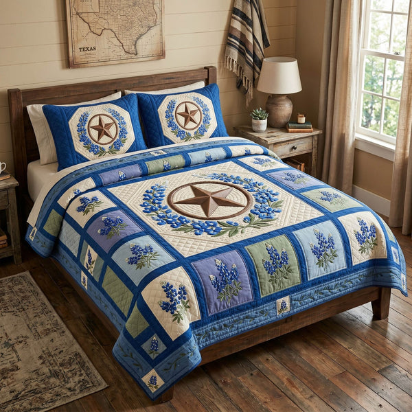 Lone Petals quilted 3-piece bedding set on a made bed with two matching pillow shams