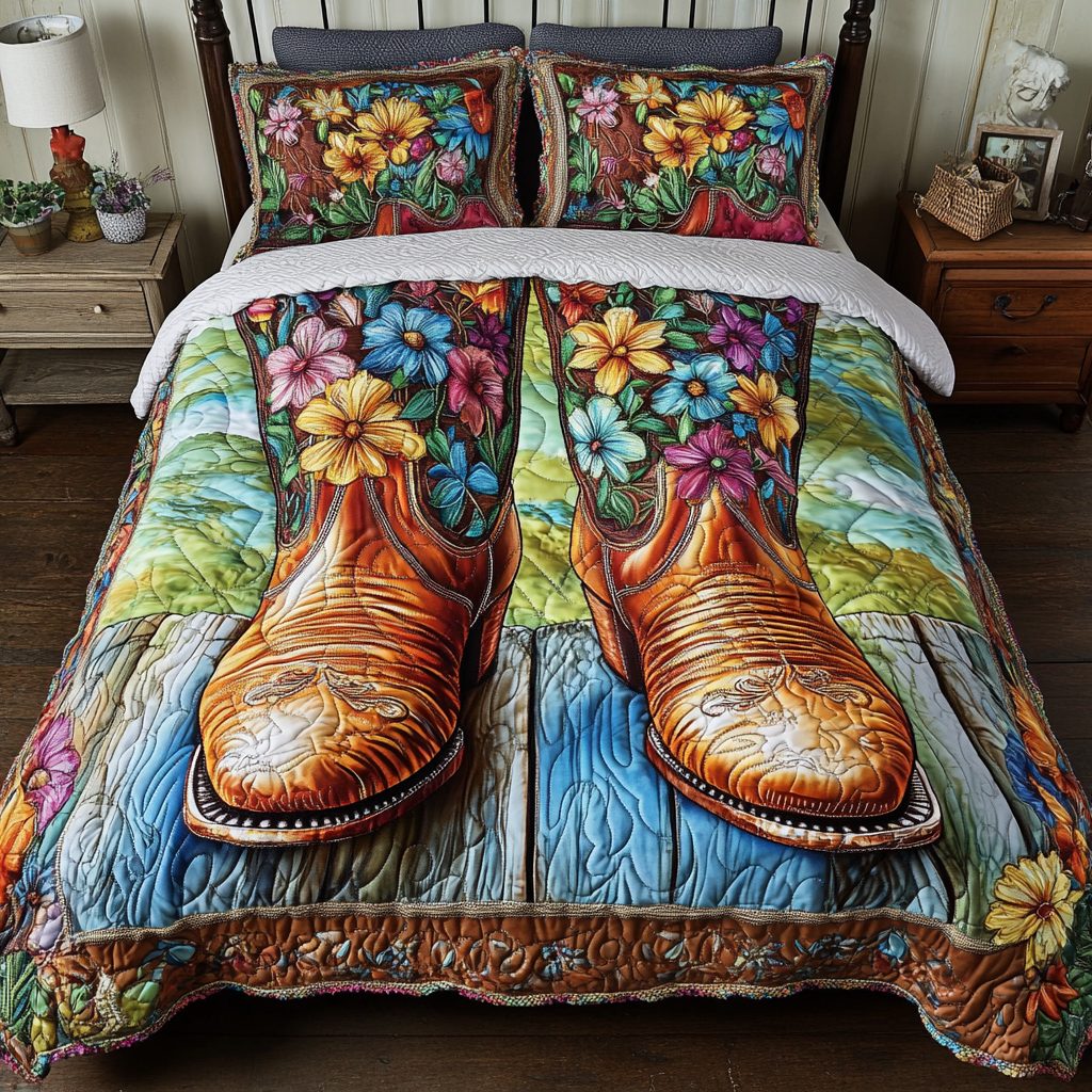 Lone Rider quilted 3-piece bedding set on a made bed with two matching pillow shams