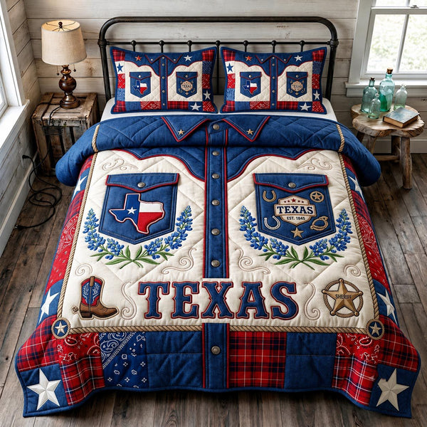 Lone Spirit quilted 3-piece bedding set on a made bed with two matching pillow shams