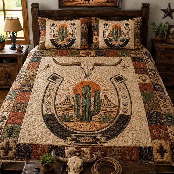 Lone Spur Horizon quilted 3-piece bedding set on a made bed in a rustic timber bedroom