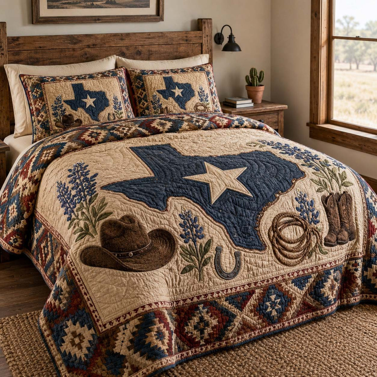 Lone Star Bloom quilted 3-piece bedding set on a made bed with two matching pillow shams