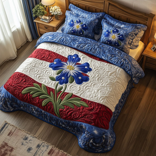Lone Star Blossoms quilted 3-piece bedding set on a made bed with two matching pillow shams