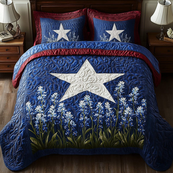 Lone Star Blossoms quilted 3-piece bedding set on a made bed with two matching pillow shams