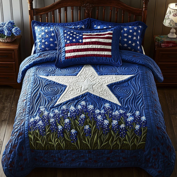 Lone Star Blossoms quilted 3-piece bedding set on a made bed with two matching pillow shams