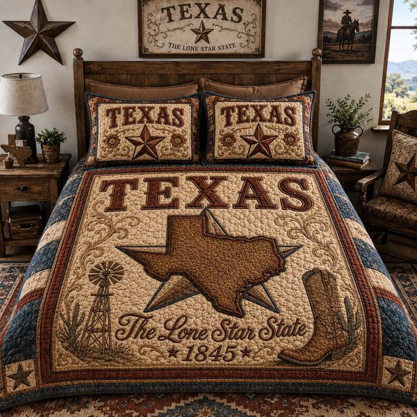 Lone Star Crest quilted 3-piece bedding set on a made bed with two matching pillow shams