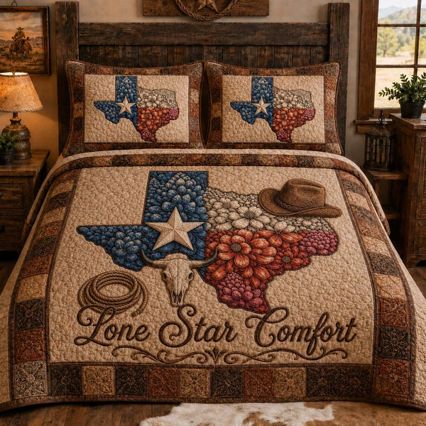 Lone Star Harvest quilted 3-piece bedding set on a made bed with two matching pillow shams