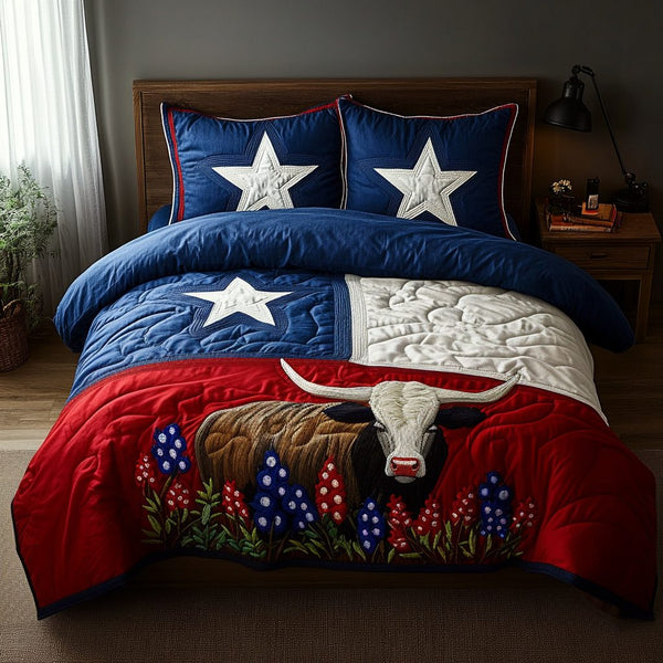 Lone Star Heritage quilted 3-piece bedding set on a made bed in a farmhouse bedroom