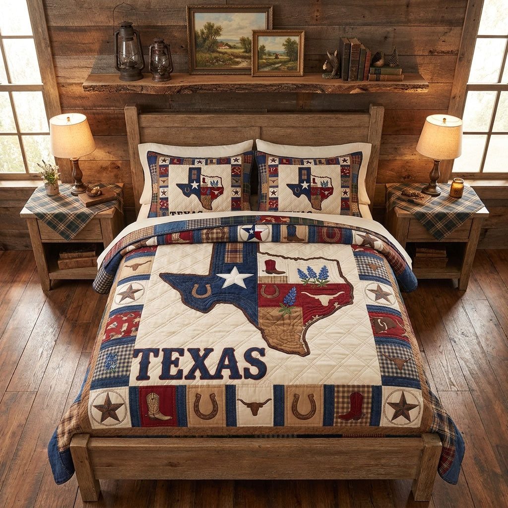 Lone Star Heritage quilted 3-piece bedding set on a made bed in a farmhouse bedroom