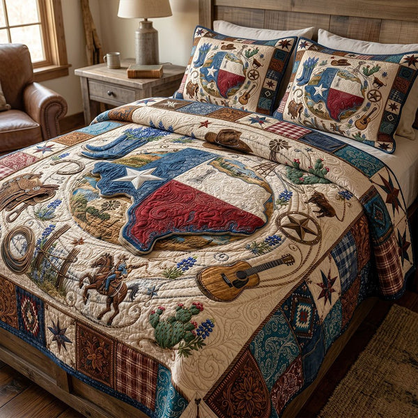 Lone Star Homestead quilted 3-piece bedding set on a made bed in a rustic timber bedroom