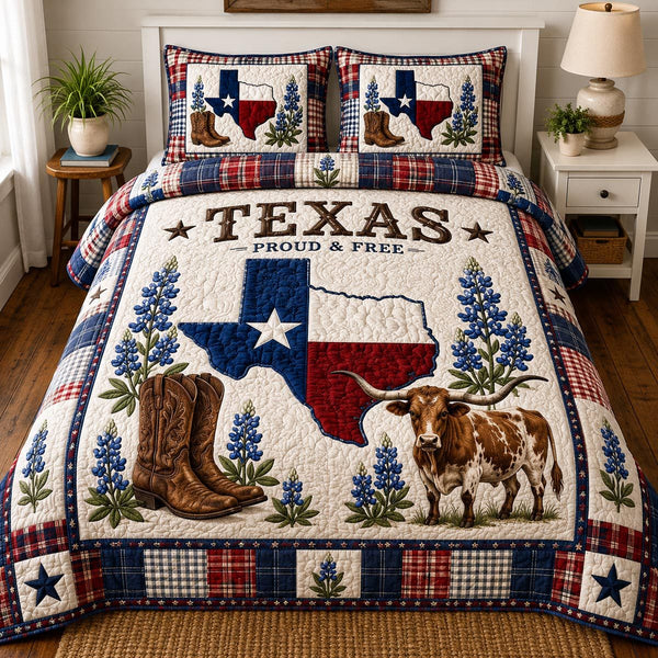 Lone Star Legacy quilted 3-piece bedding set on a made bed with two matching pillow shams