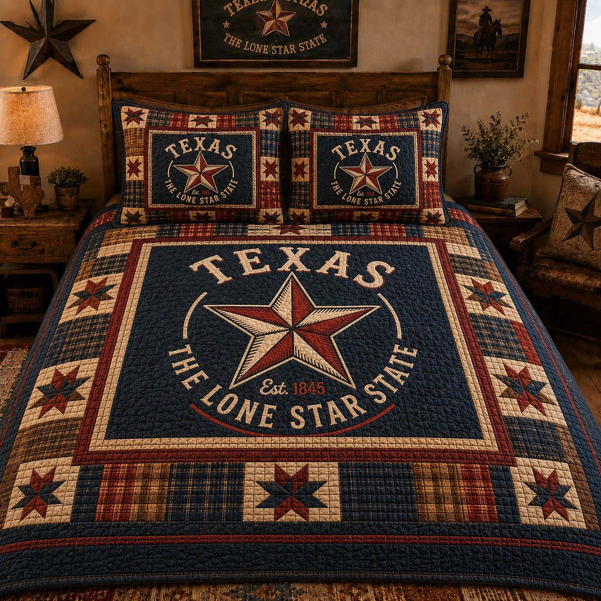 Lone Star Legacy quilted 3-piece bedding set on a made bed with two matching pillow shams