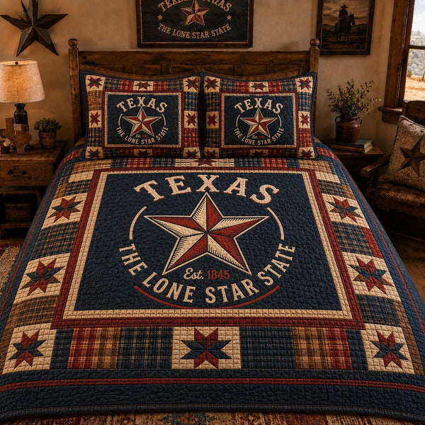 Lone Star Legacy quilted 3-piece bedding set on a made bed with two matching pillow shams