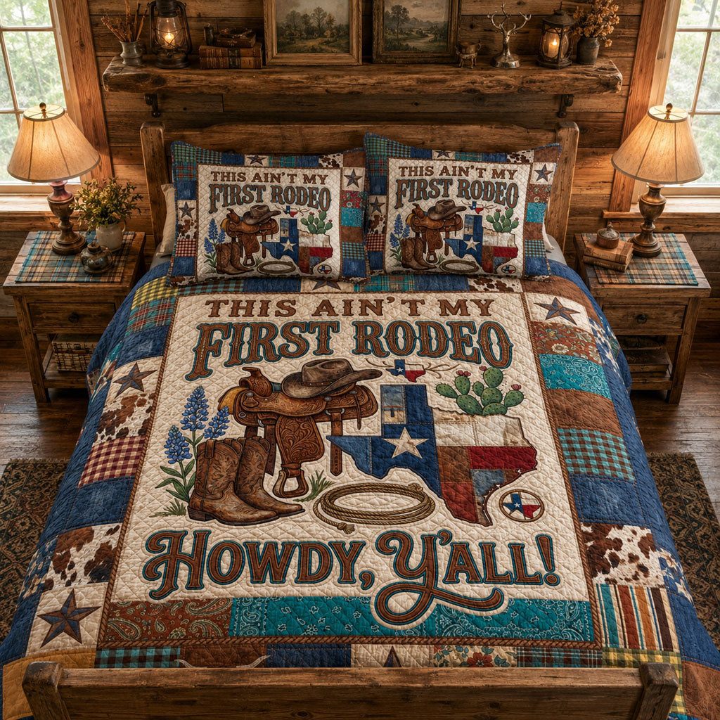 Lone Star Legends quilted 3-piece bedding set on a made bed with two matching pillow shams