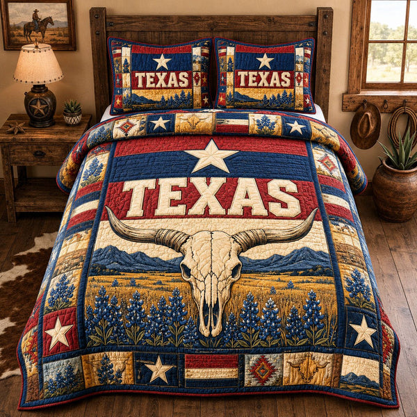 Lone Star Longhorn quilted 3-piece bedding set on a made bed in a rustic timber bedroom
