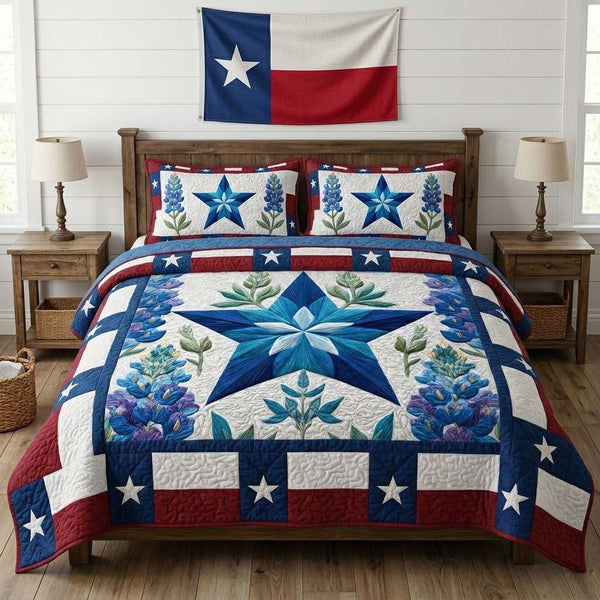 Lone Star Patchwork quilted 3-piece bedding set on a made bed in a farmhouse bedroom