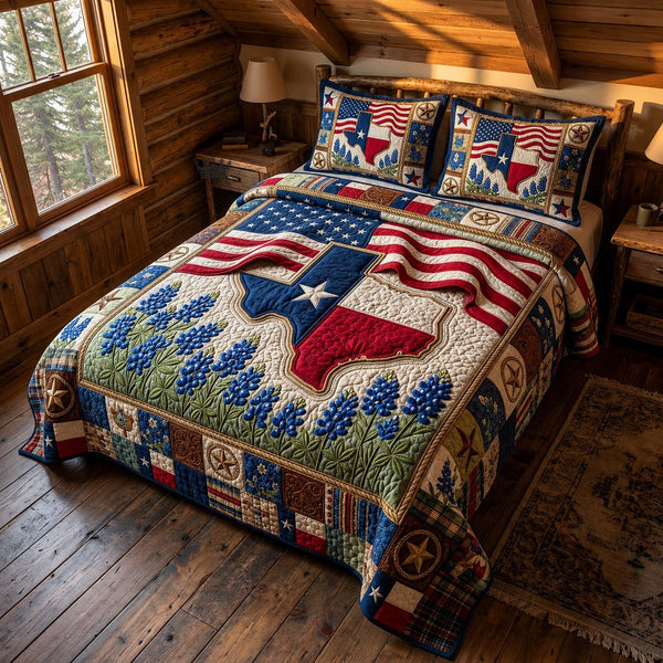 Lone Star quilted 3-piece bedding set on a made bed with two matching pillow shams