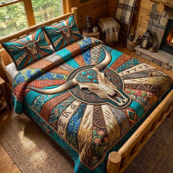 Lone Star quilted 3-piece bedding set on a made bed with two matching pillow shams