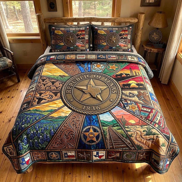 Lone Star quilted 3-piece bedding set on a made bed with two matching pillow shams